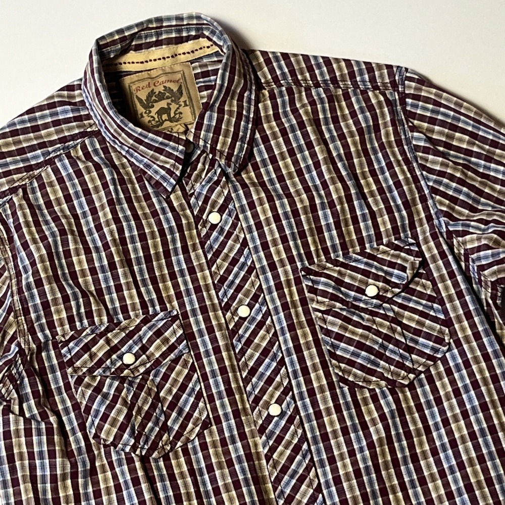 Red Camel Mens Plaid Pearl Snap Western Shirt Burgundy Tan‎ Blue Size M Cotton